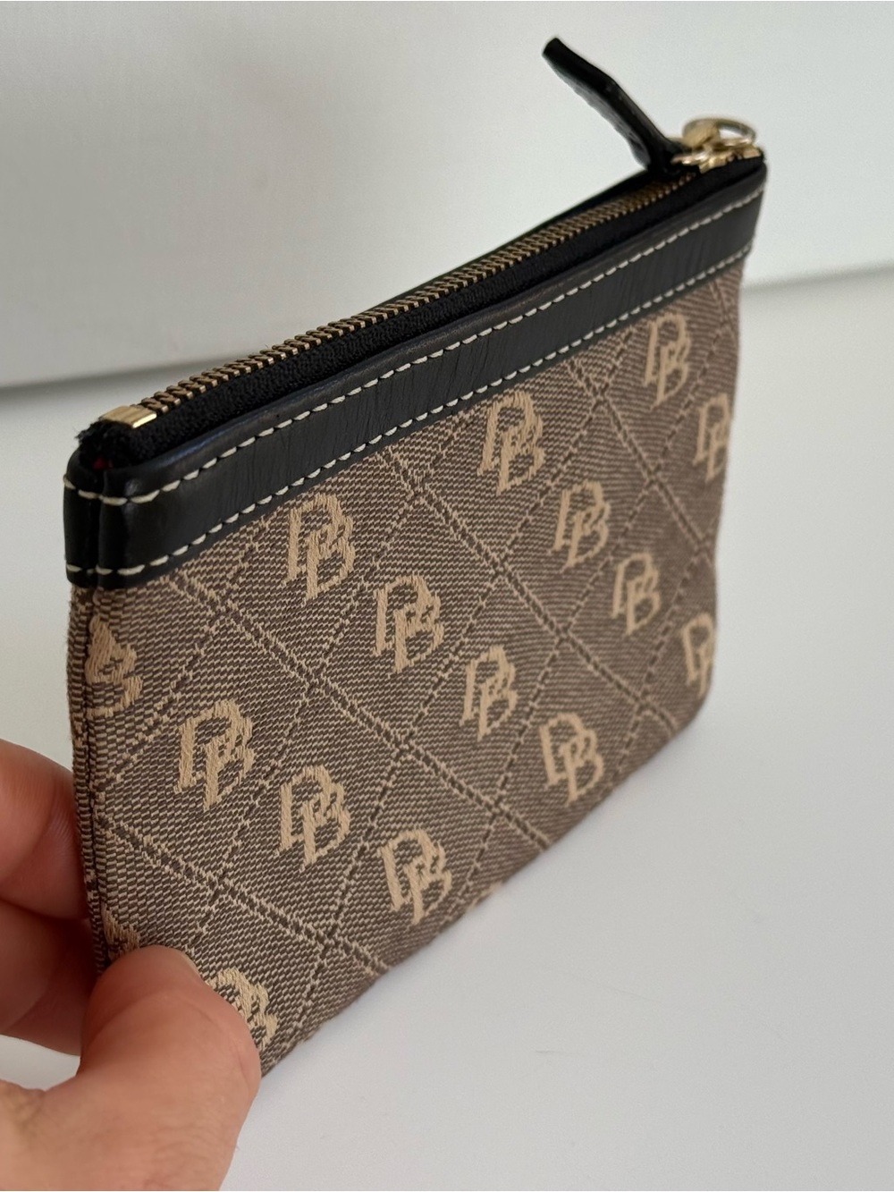 Dooney and Bourke Brown Monogram Zip Pouch with Black Trim
